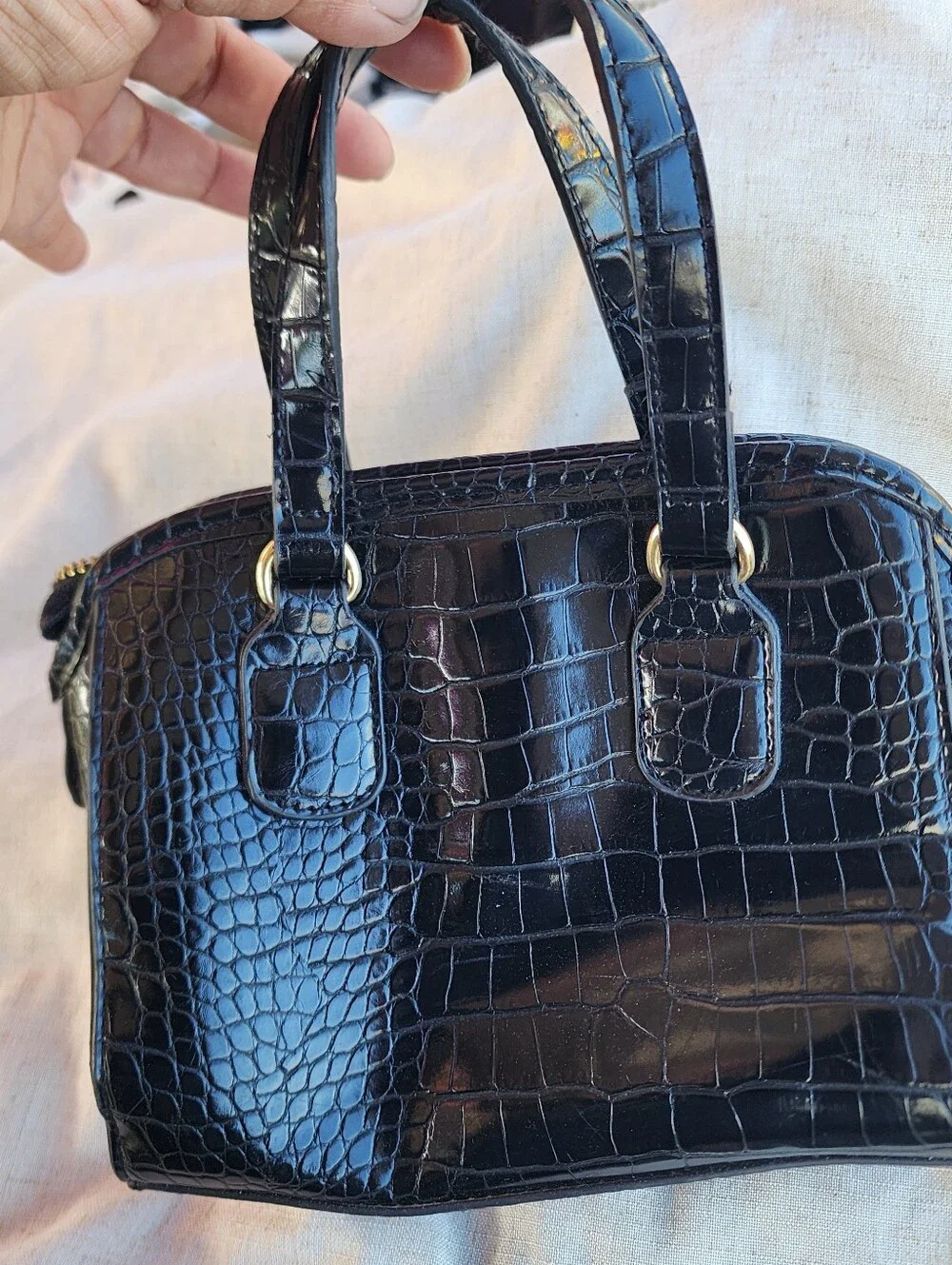 bebe Black Croc-Embossed Patent Satchel with Silver Logo